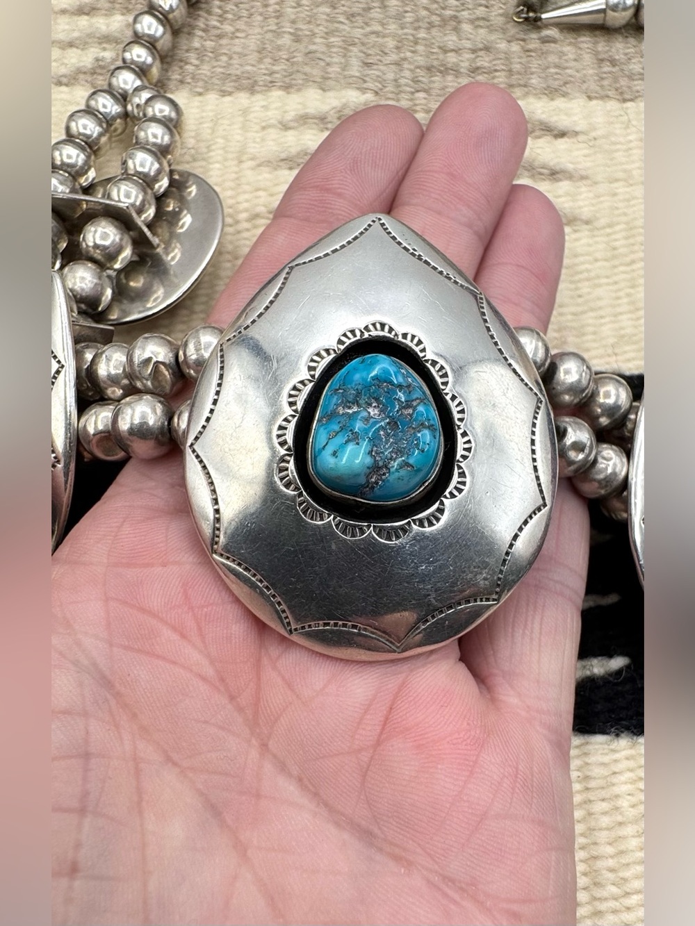 Navajo Native American Sterling Silver Natural Turquoise Beaded Bib Necklace - Picture 5 of 10